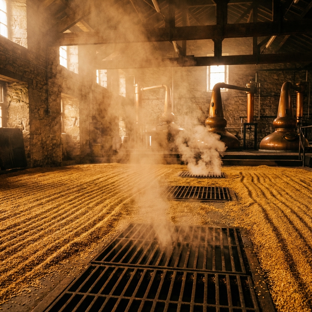 Barley drying on a malting floor with peat smoke rising through the grates