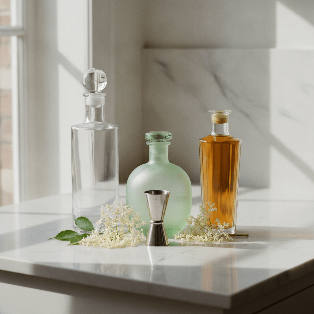 Three unlabelled glass liqueur bottles of different shapes on a pale marble counter with elderflower blossom