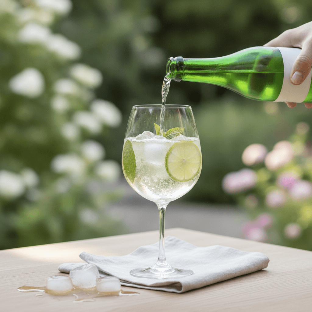 Sparkling wine being poured into a wine glass full of ice with mint and lime already in it