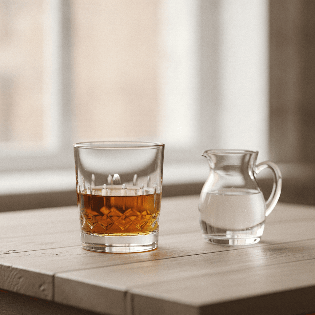 A single glass of golden Irish whiskey on a pale oak table beside a small jug of water in warm daylight
