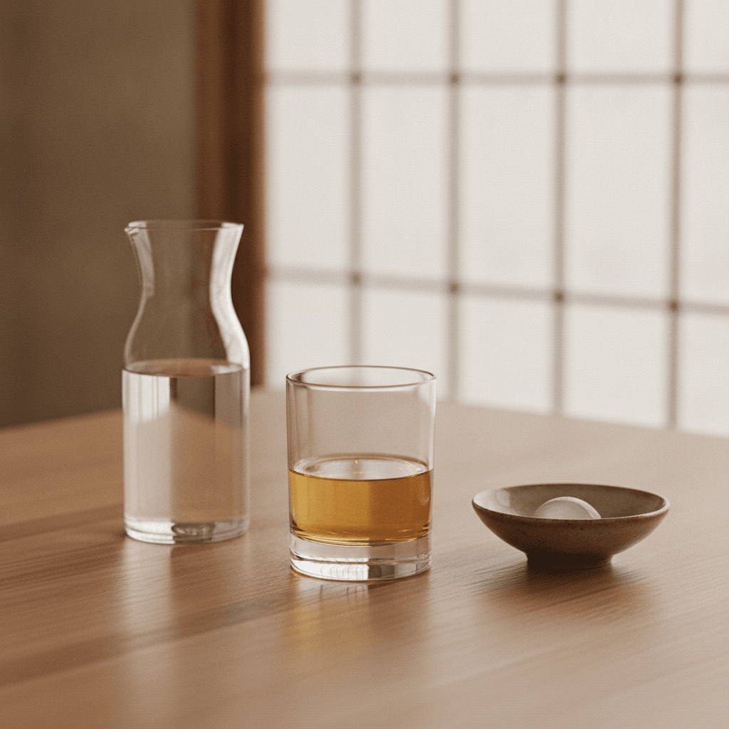 A single glass of pale golden Japanese whisky on a light oak table beside a small carafe of water in warm daylight