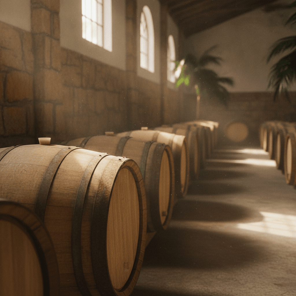 A row of weathered oak casks in a bright warehouse with sunlight falling through a high window