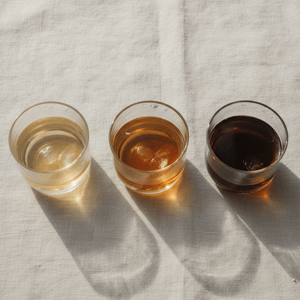 Three tumblers of rum side by side showing pale gold, amber and deep mahogany colours on pale linen
