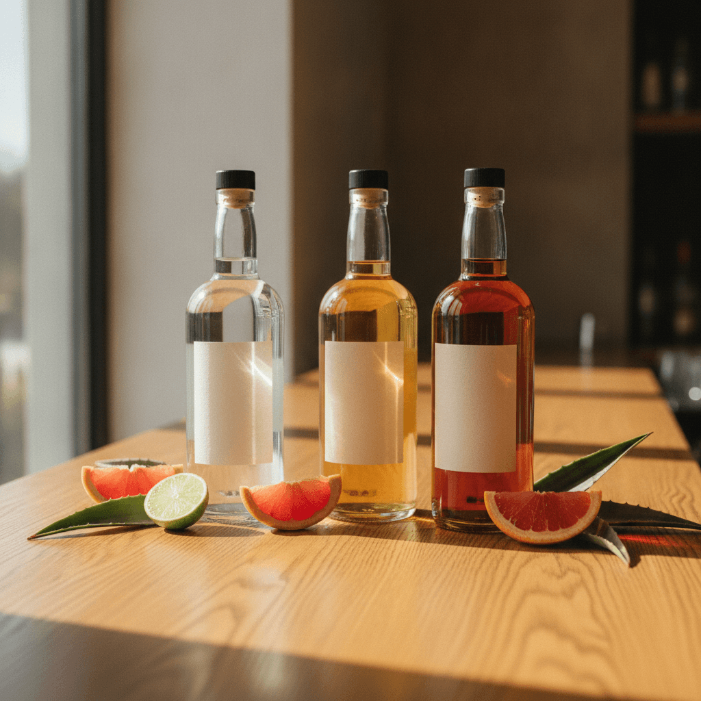Three tequila bottles of different amber shades on a warm oak bar top with lime, grapefruit and agave leaves