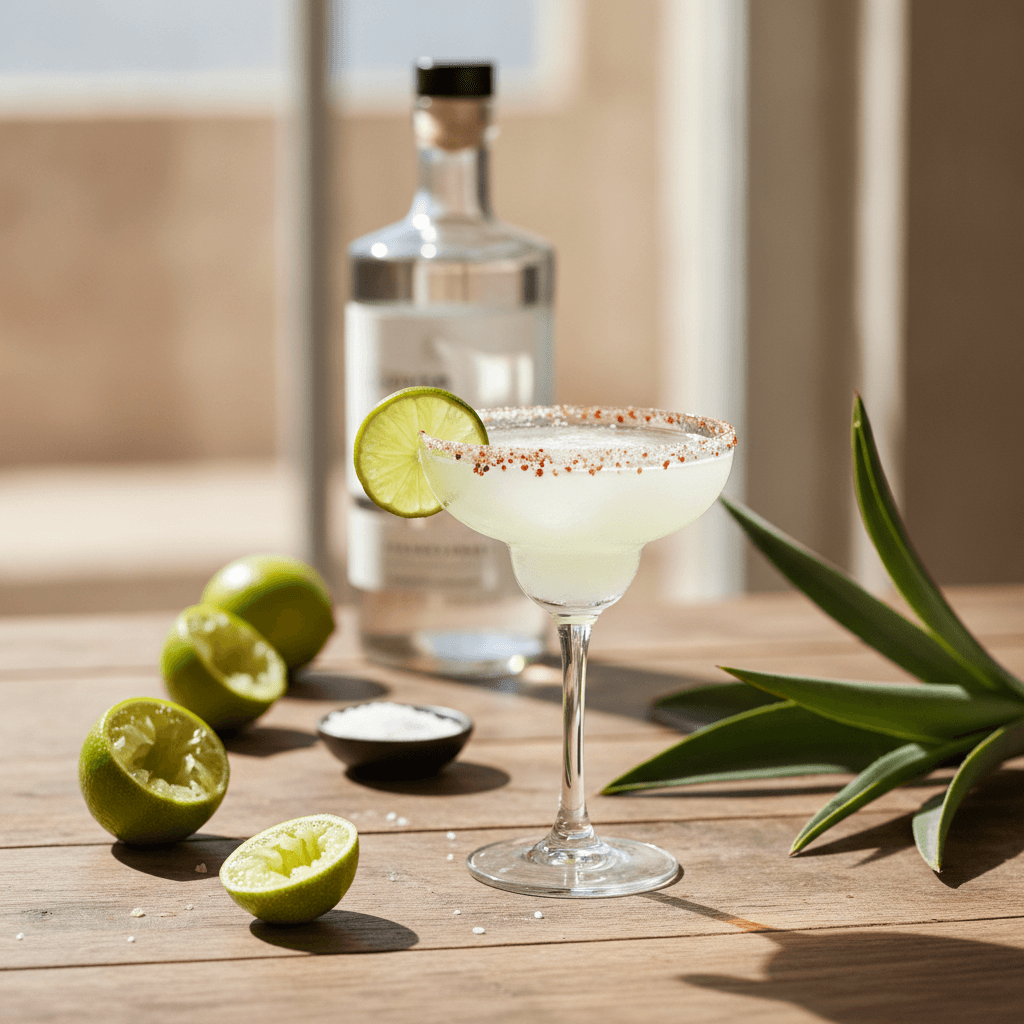 A fresh margarita in a coupe glass with a chilli salt rim and a lime wheel, a blanco tequila bottle behind