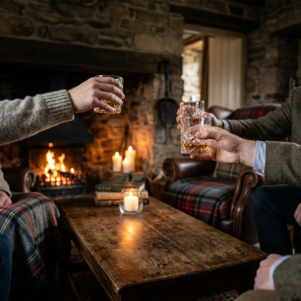 Friends raising whisky glasses in toast by the fireplace