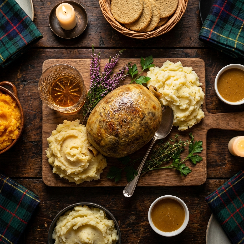 Traditional Burns Supper with haggis, neeps, and tatties on rustic wooden table with tartan