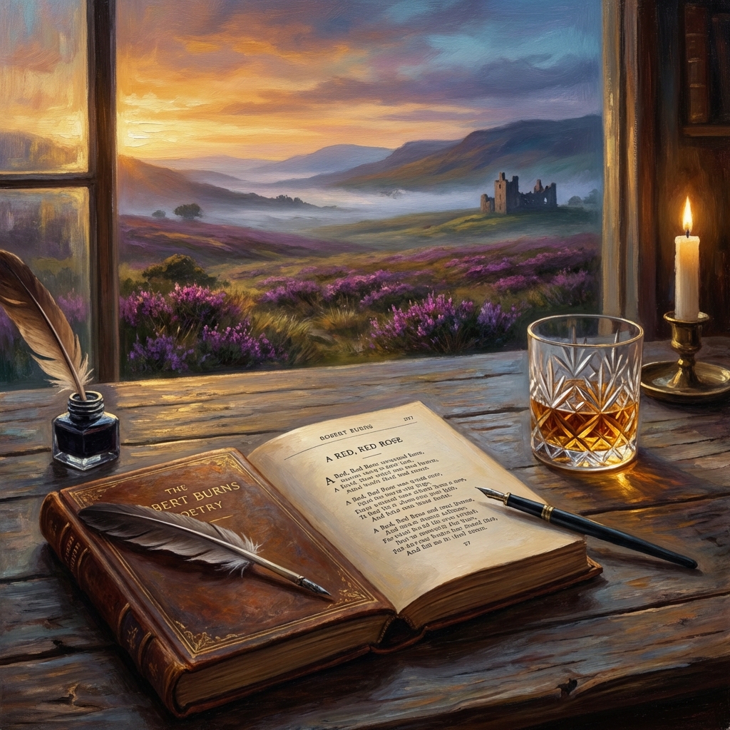 A leather-bound book of Burns poetry open on a desk, with whisky glass and Scottish Highland landscape through window