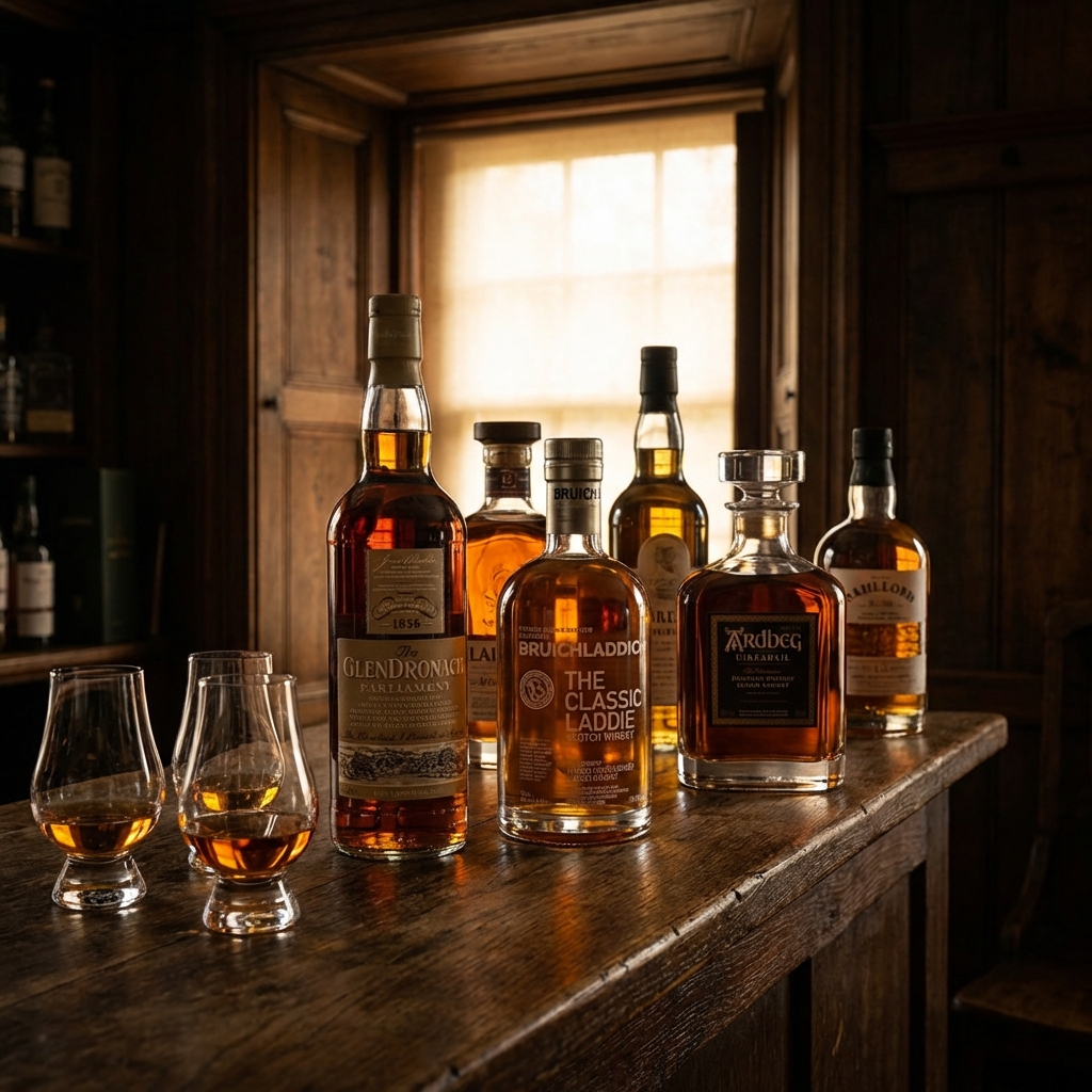 Selection of premium Scotch whisky bottles with Glencairn glasses on oak bar