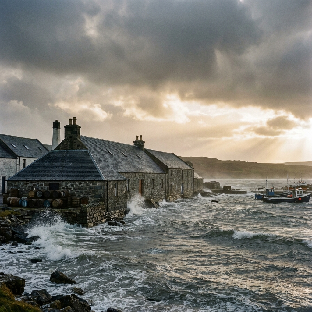 Traditional stone whisky warehouse on the waterfront with waves crashing nearby