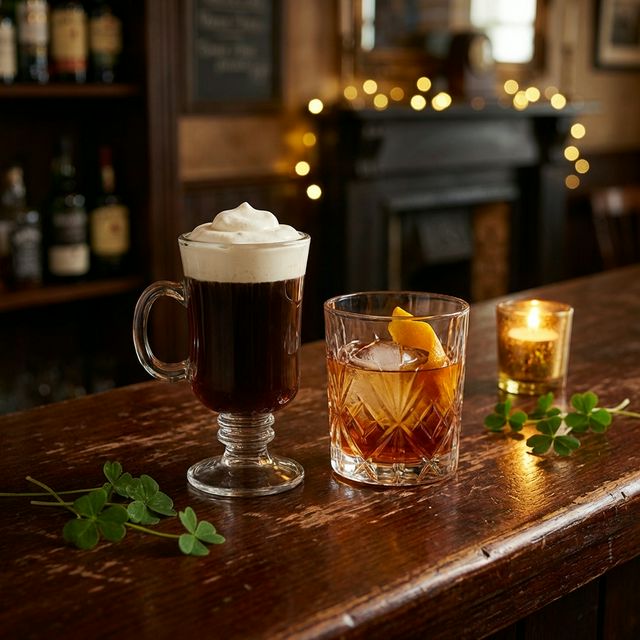 An Irish Coffee with whipped cream and an Old Fashioned cocktail with orange peel on a dark wood bar