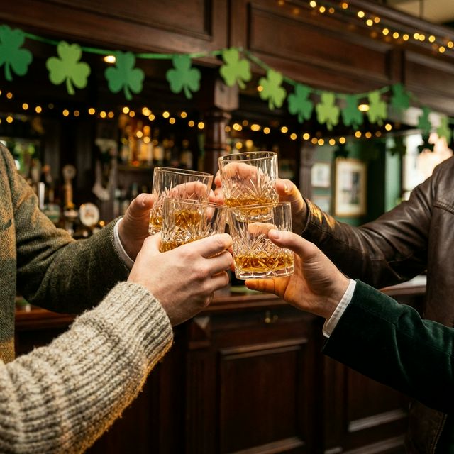 Friends clinking glasses of Irish whiskey in a festive pub decorated with shamrocks