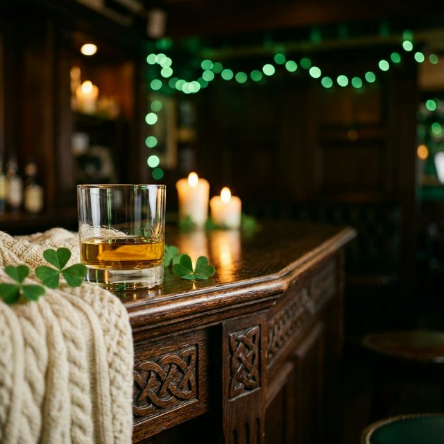Irish whiskey bottles and Glencairn glass in a candlelit pub decorated with shamrocks for St. Patrick's Day