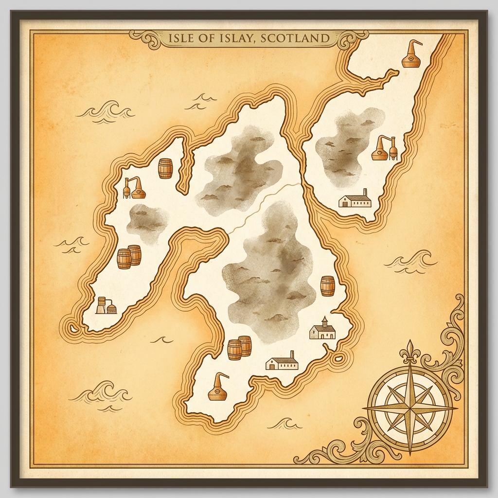 Illustrated map of the Isle of Islay showing distillery locations