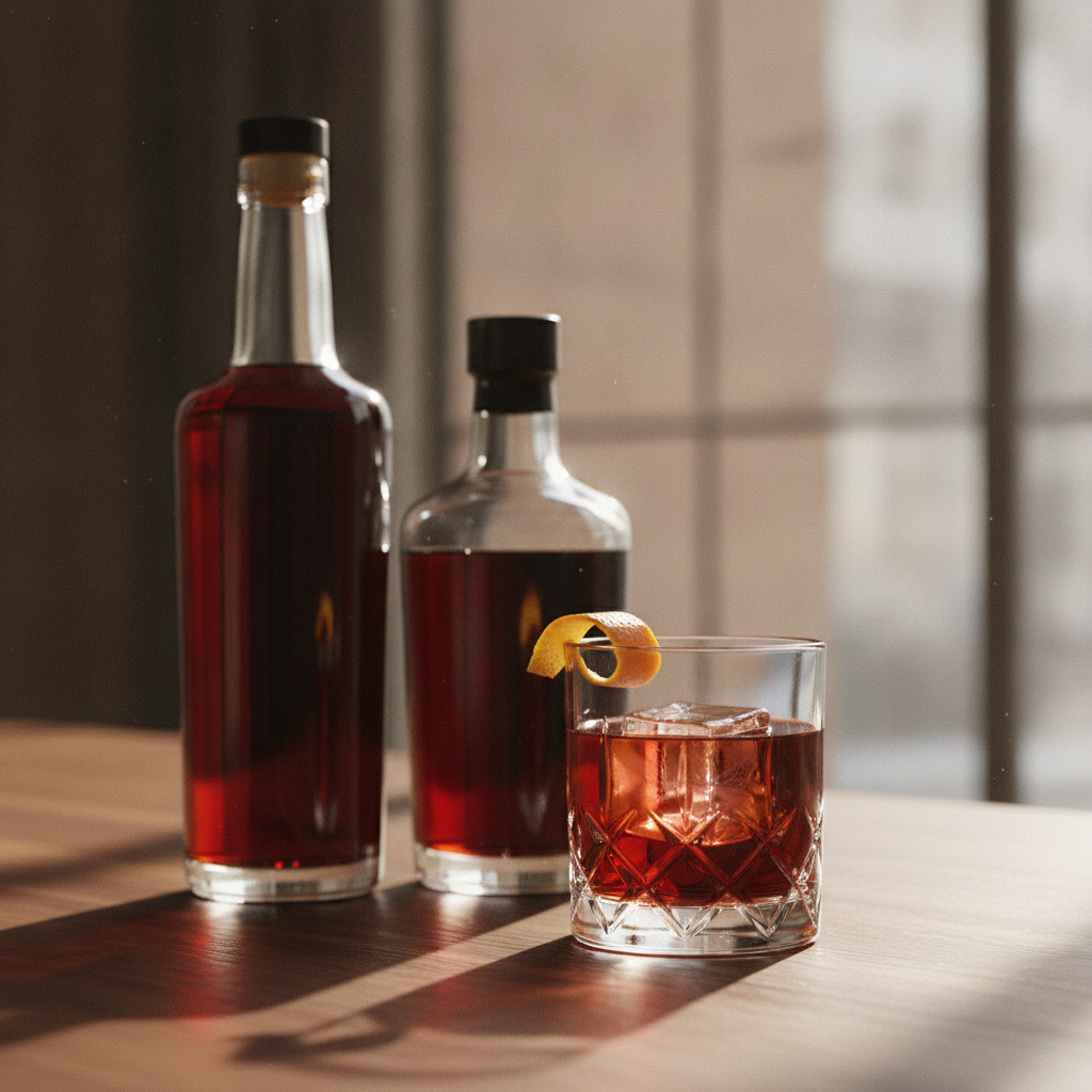 A negroni in a short tumbler over a large ice cube with an orange twist, beside a bottle of red vermouth