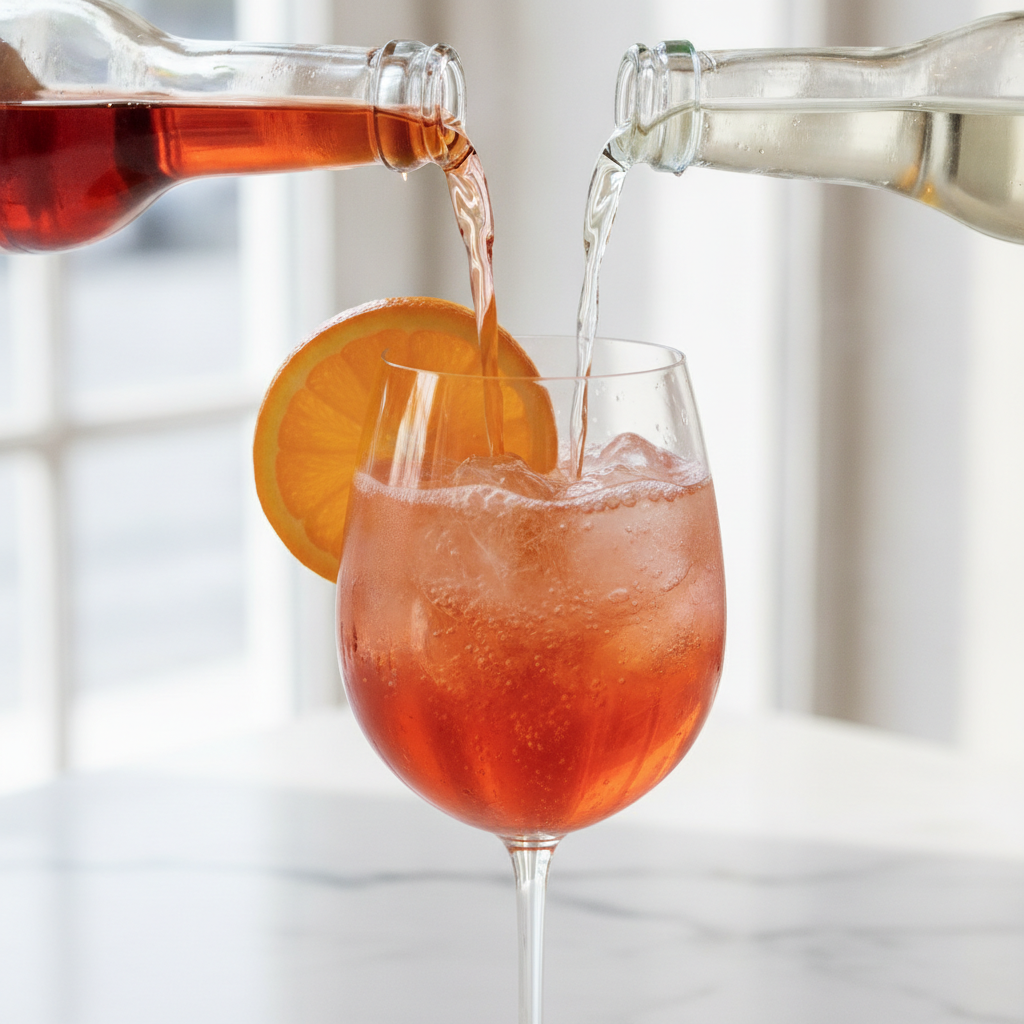 A bright orange Italian spritz in a wine glass with ice and an orange slice