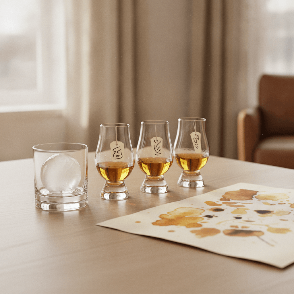 A personalised whisky flight of three small glasses on a light oak table with a flavour map