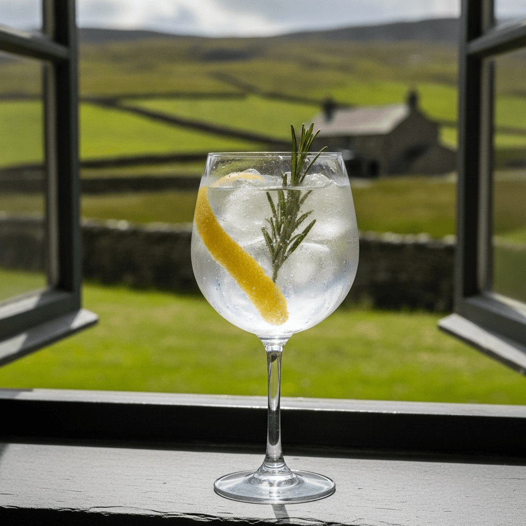 A gin and tonic with lemon peel on a windowsill overlooking Cumbrian fells