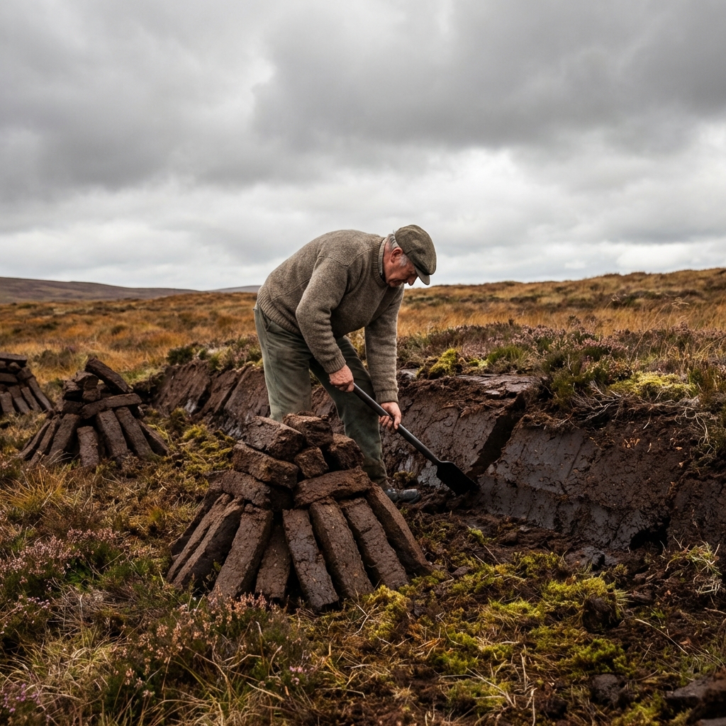 Worker cutting peat from a Scottish bog using a traditional slane