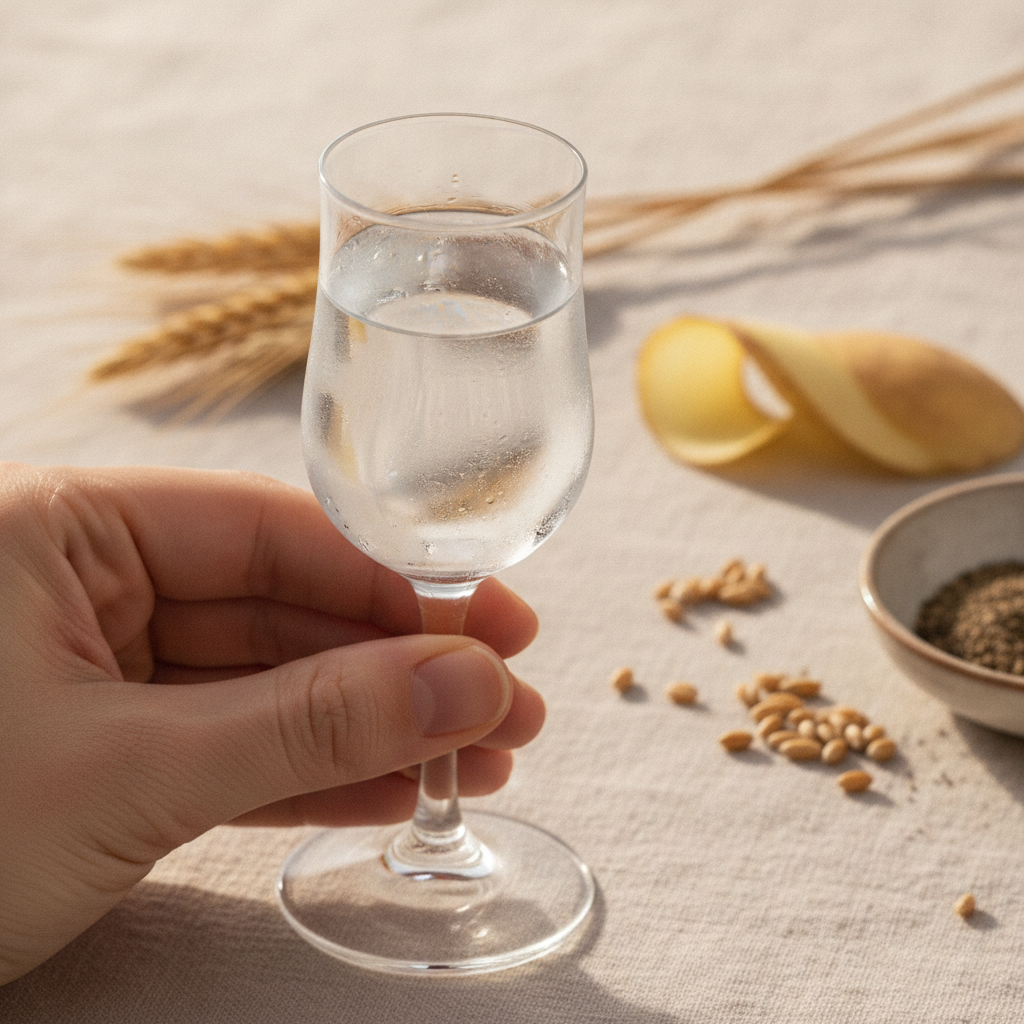 A stemmed tasting glass of clear vodka in daylight with grains of wheat and a slice of potato behind