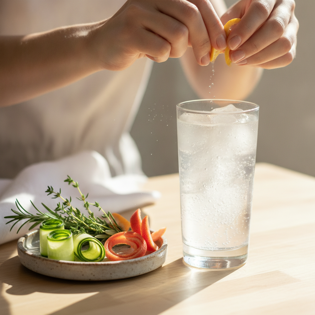 A strip of citrus peel being expressed over a gin and tonic, with fresh herbs and cucumber nearby