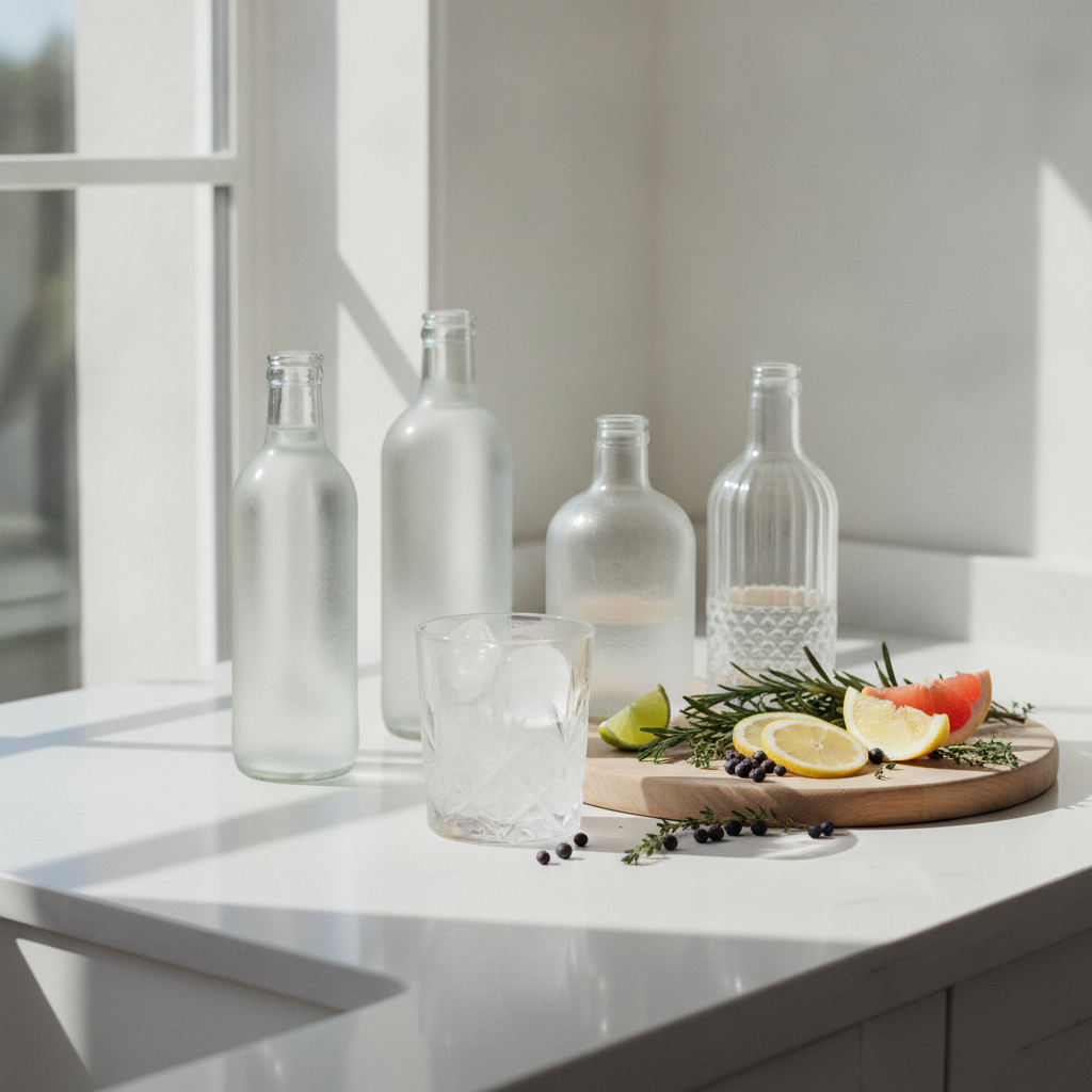 Tonic water, a chilled tumbler, and fresh citrus on a bright kitchen counter