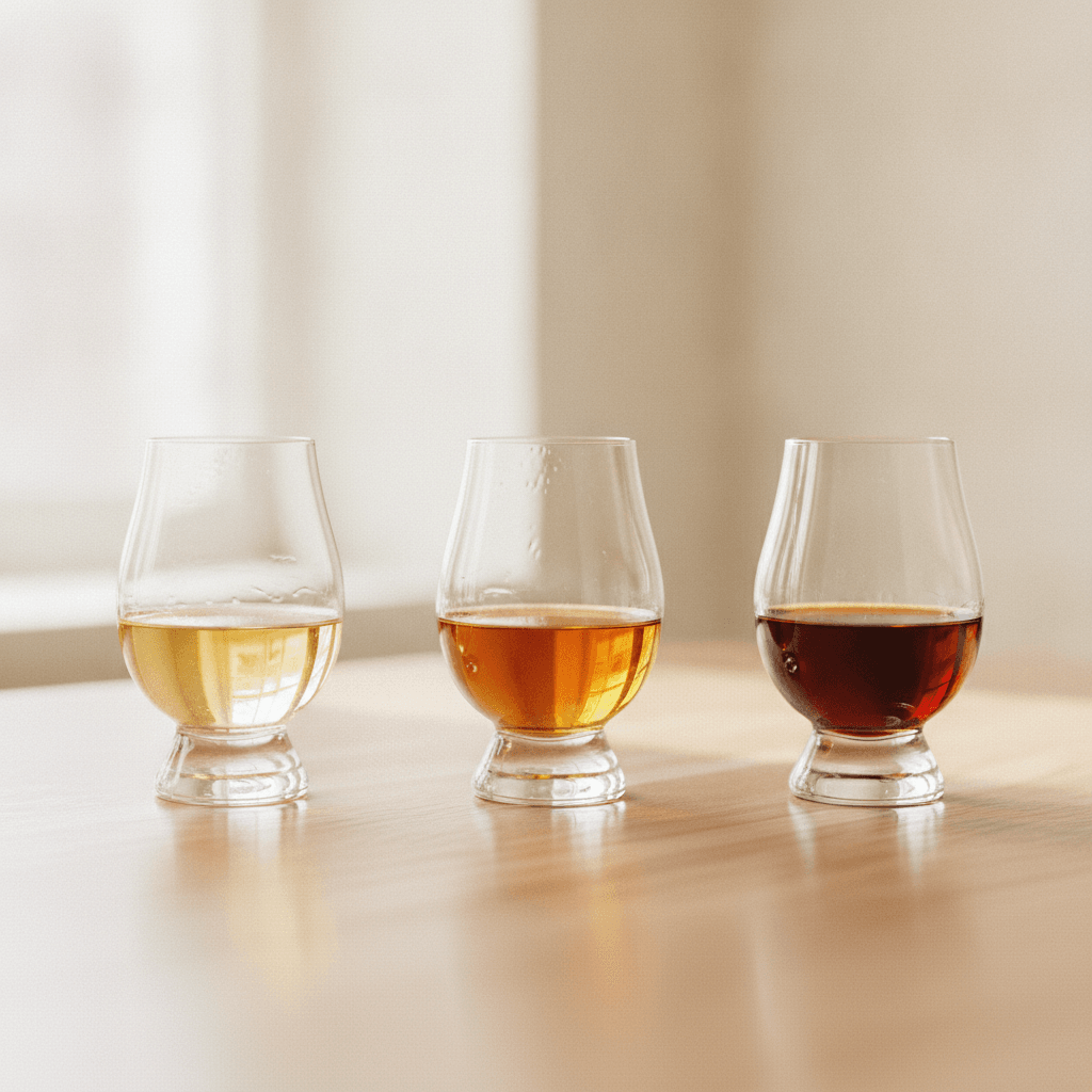 Three glasses of rum ranging from pale gold to deep amber lined up on a wooden table in soft daylight