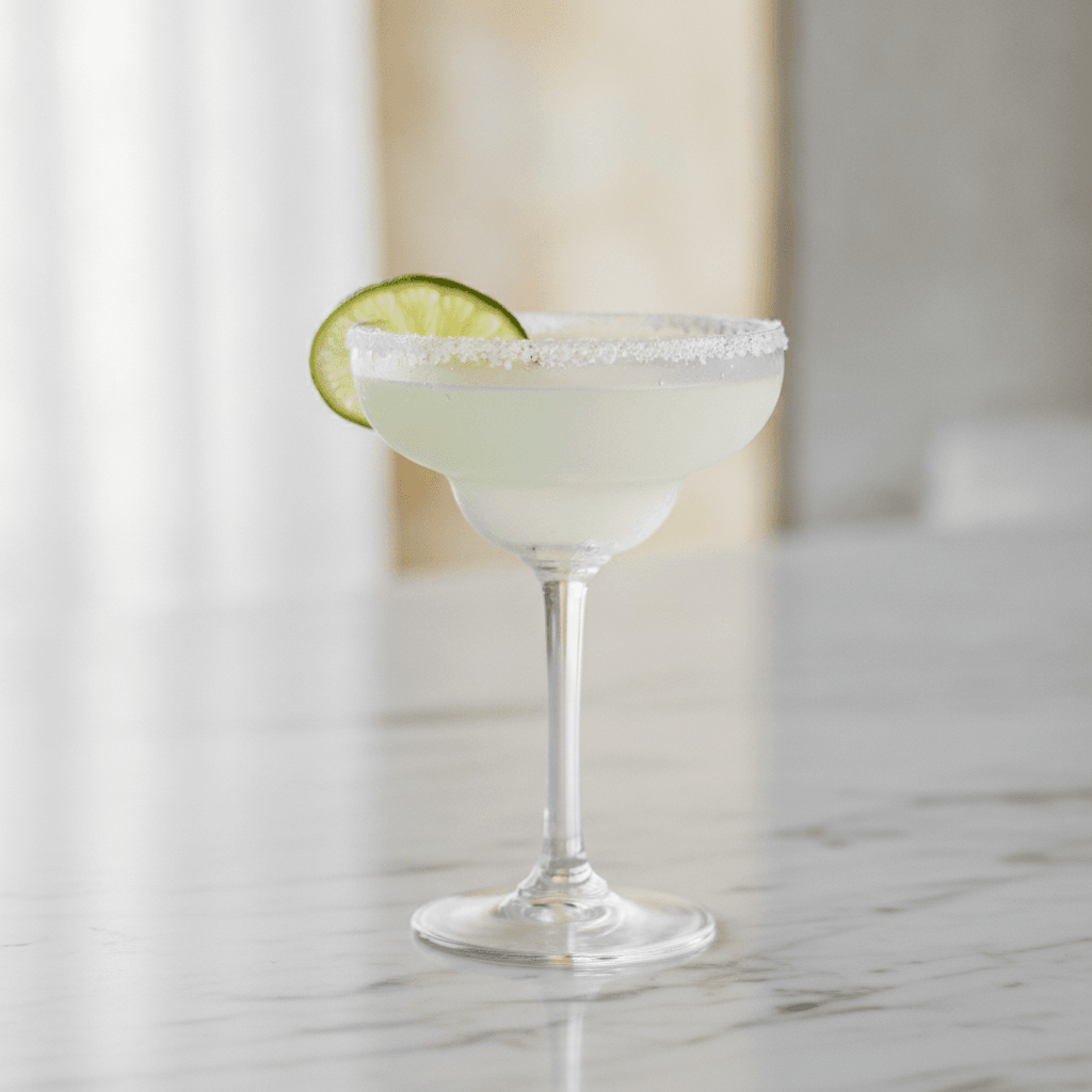 A classic margarita in a chilled coupe glass with a salt rim and a lime wheel