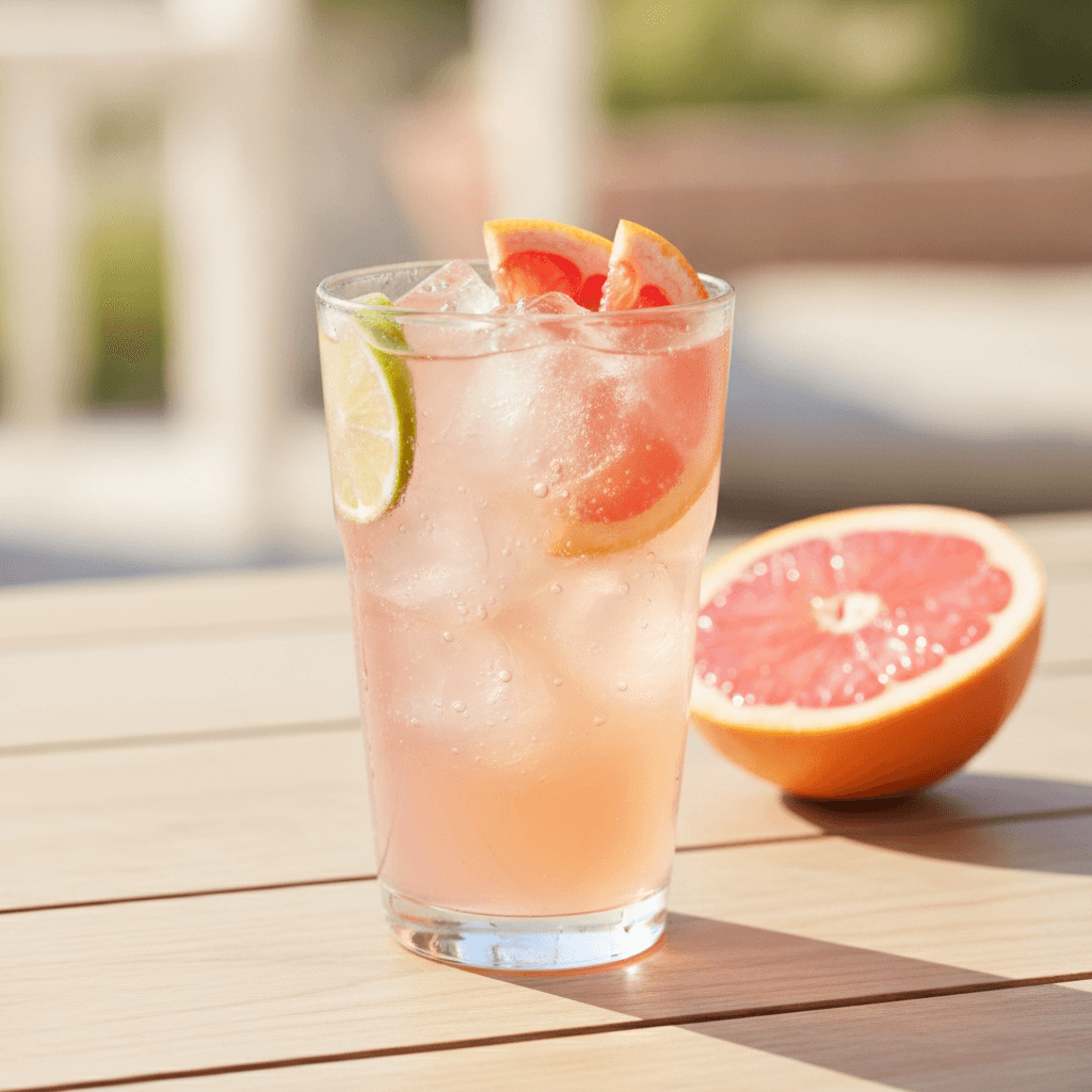A tall grapefruit and lime tequila long drink over ice in daylight