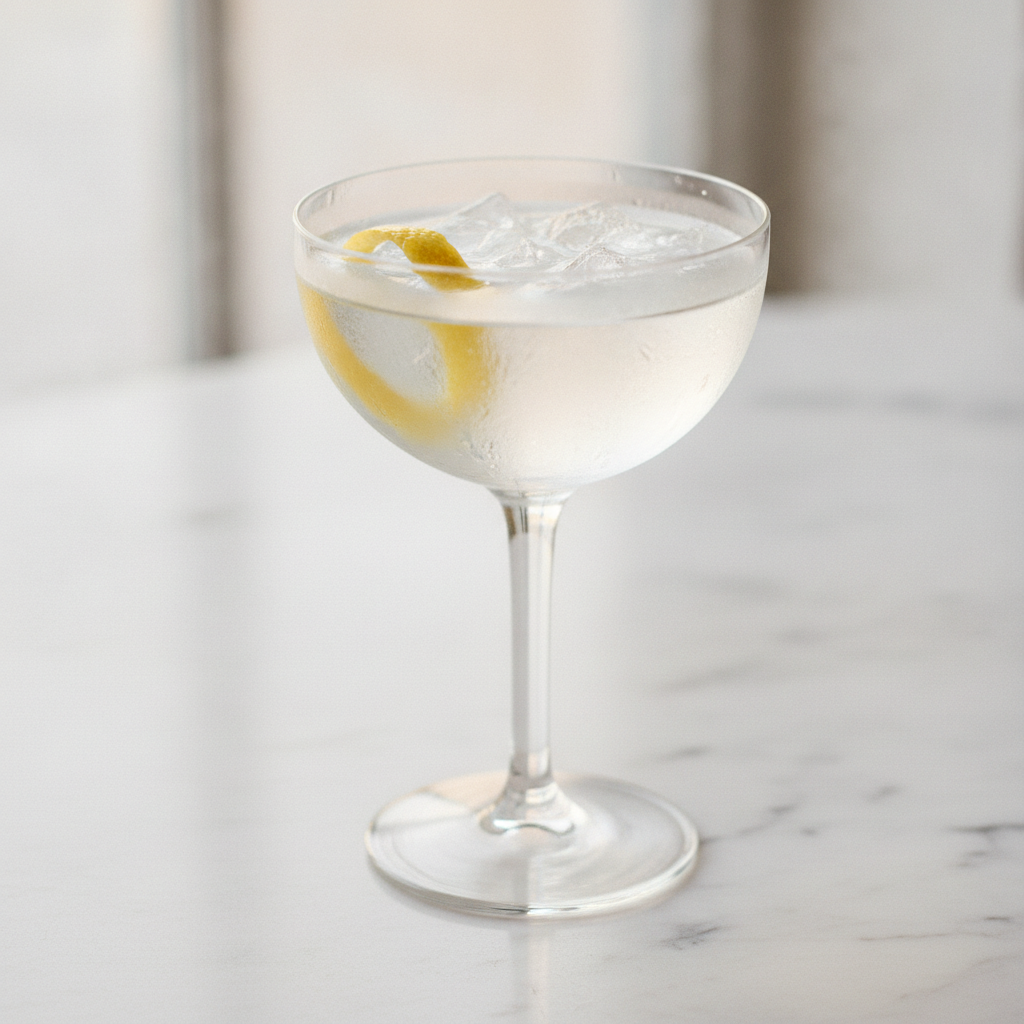 A crisp vodka martini in a chilled coupe glass with a lemon twist