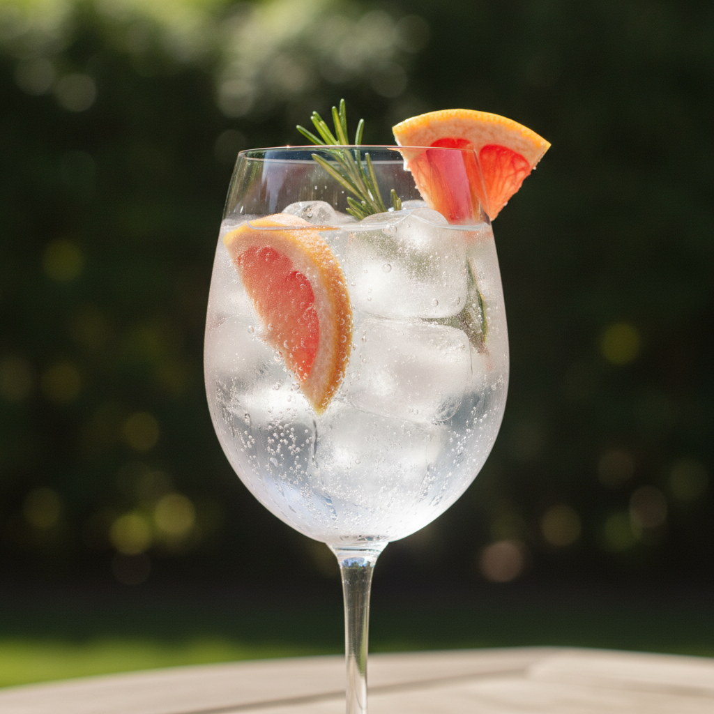 A tall grapefruit vodka spritz with rosemary and ice in a wine glass