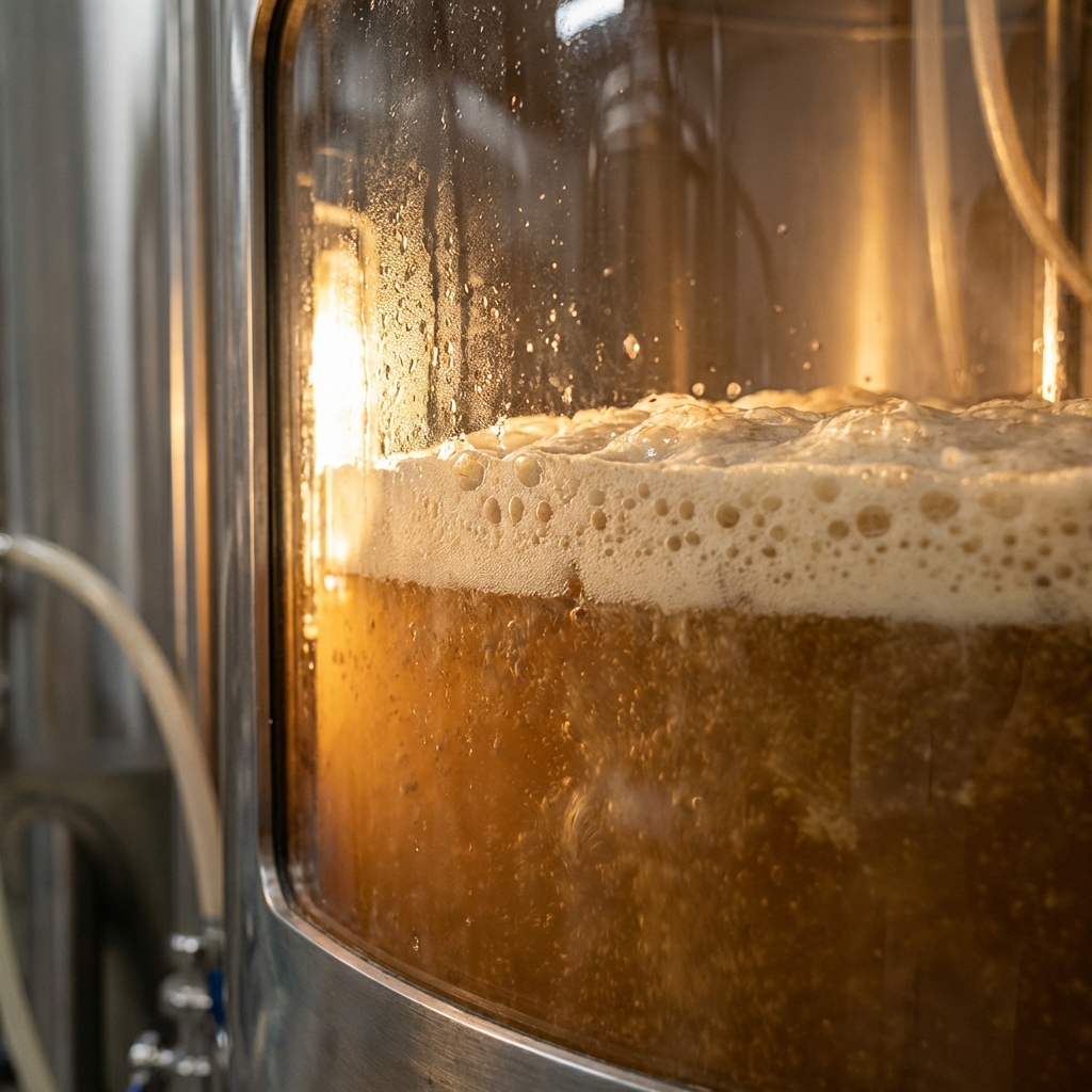 Active fermentation with yeast creating foam in a fermentation vessel