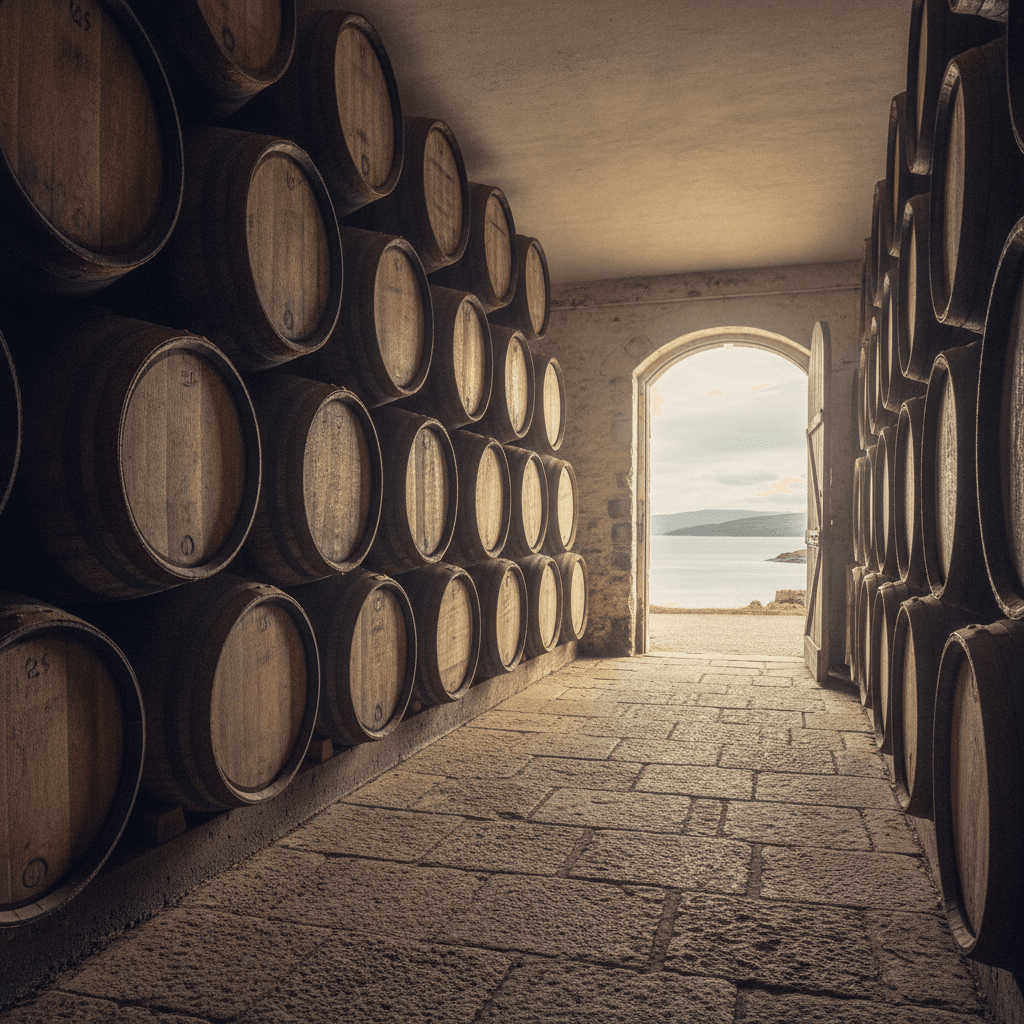 Oak whisky casks maturing in a coastal warehouse