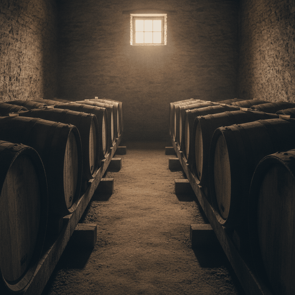 Oak whisky casks maturing in a stone warehouse
