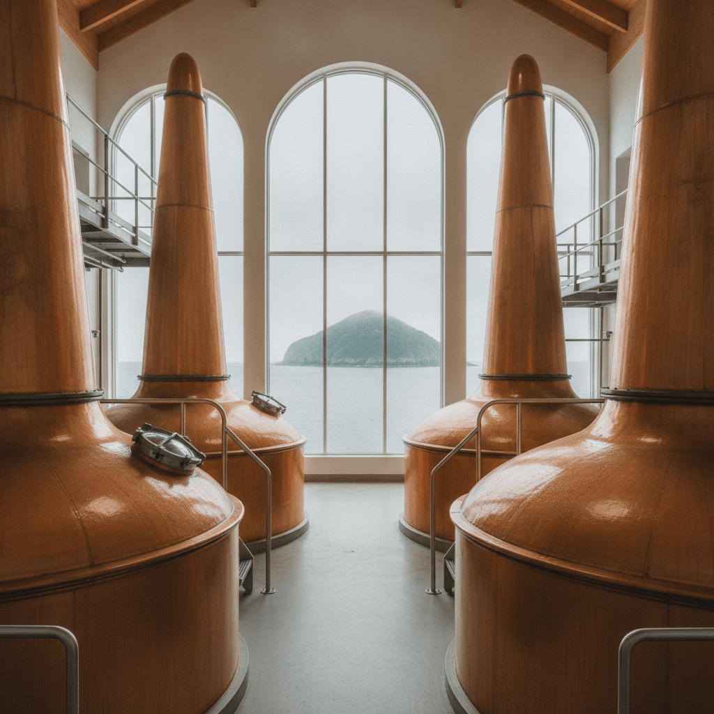 Tall copper pot stills looking out to the sea